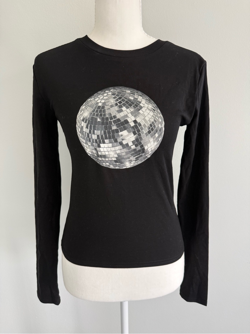 Edikted Black Long-Sleeve Tee with Silver Disco Ball Graphic
